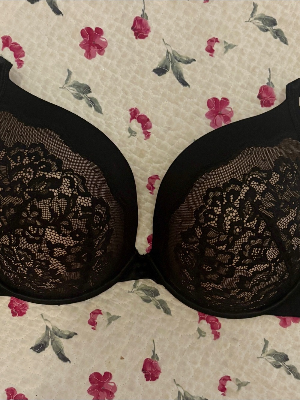 Olga Black Lace Underwire Push-up Bra with Sheer Floral Lace Cups